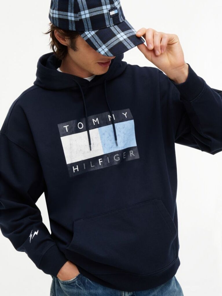 Blue Washed Flag Logo Fleece Relaxed Hoody  Men