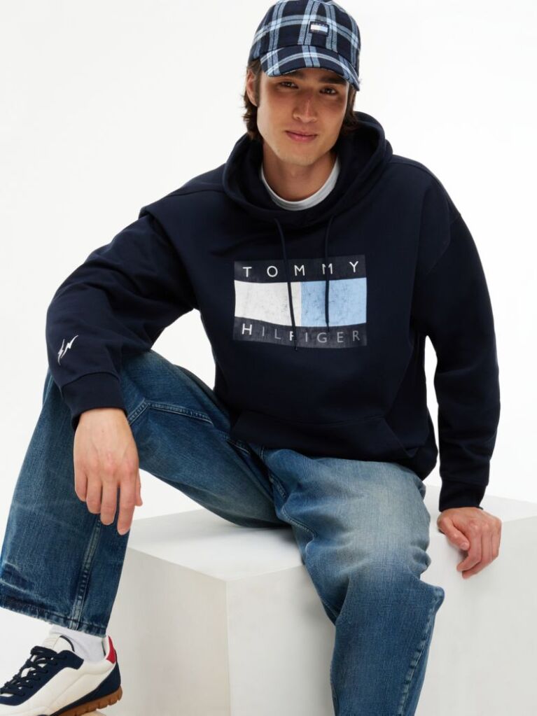 Blue Washed Flag Logo Fleece Relaxed Hoody  Men