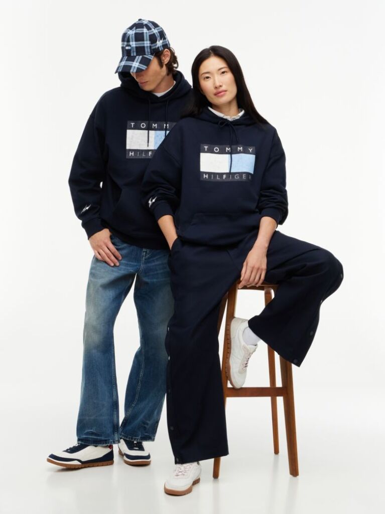 Blue Washed Flag Logo Fleece Relaxed Hoody  Men