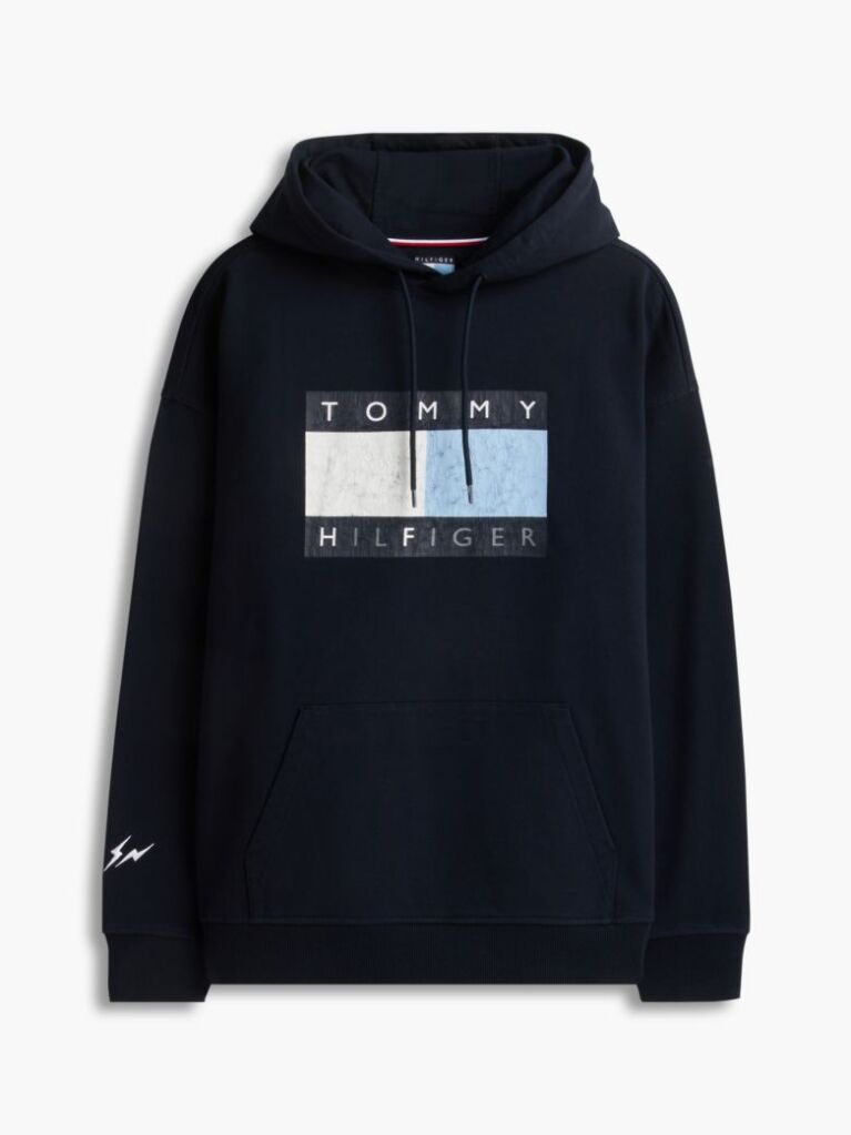 Blue Washed Flag Logo Fleece Relaxed Hoody  Men