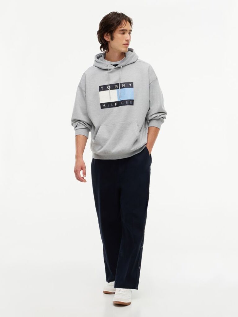 Grey Washed Flag Logo Fleece Relaxed Hoody  Men