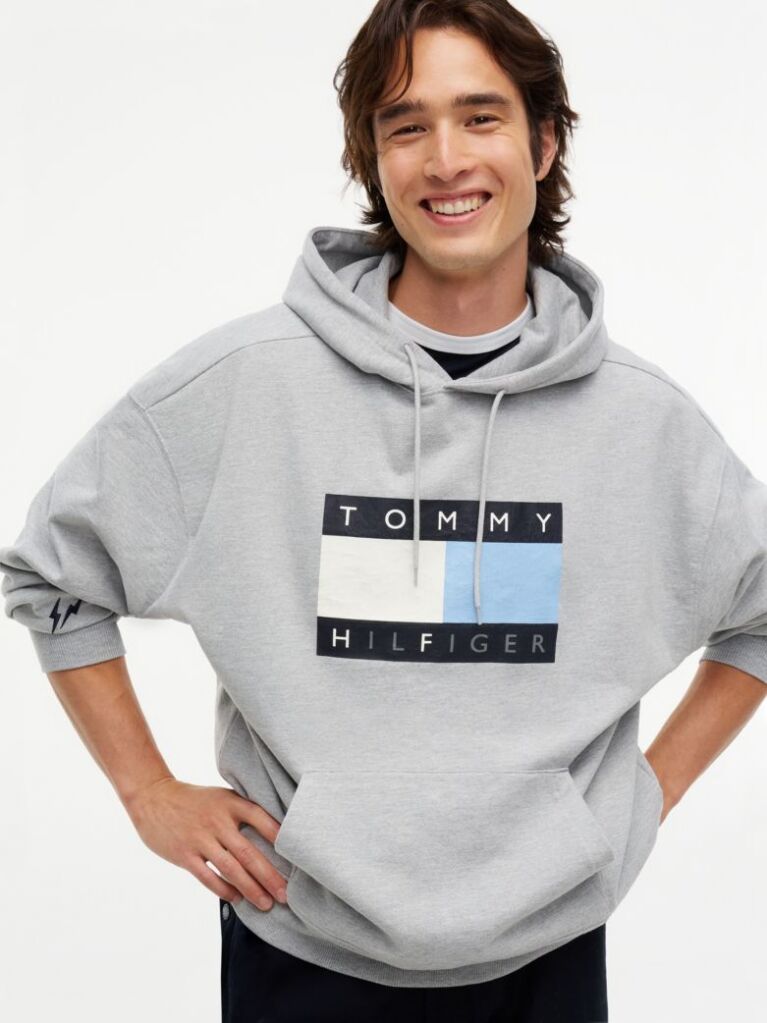Grey Washed Flag Logo Fleece Relaxed Hoody  Men