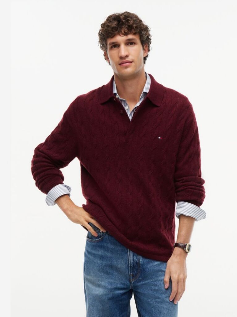 Red Pure Wool Cable Knit Rugby Jumper  Men