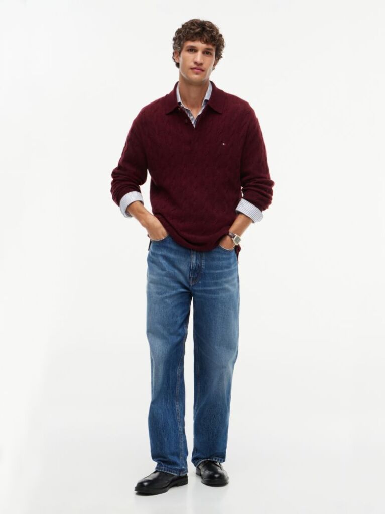 Red Pure Wool Cable Knit Rugby Jumper  Men