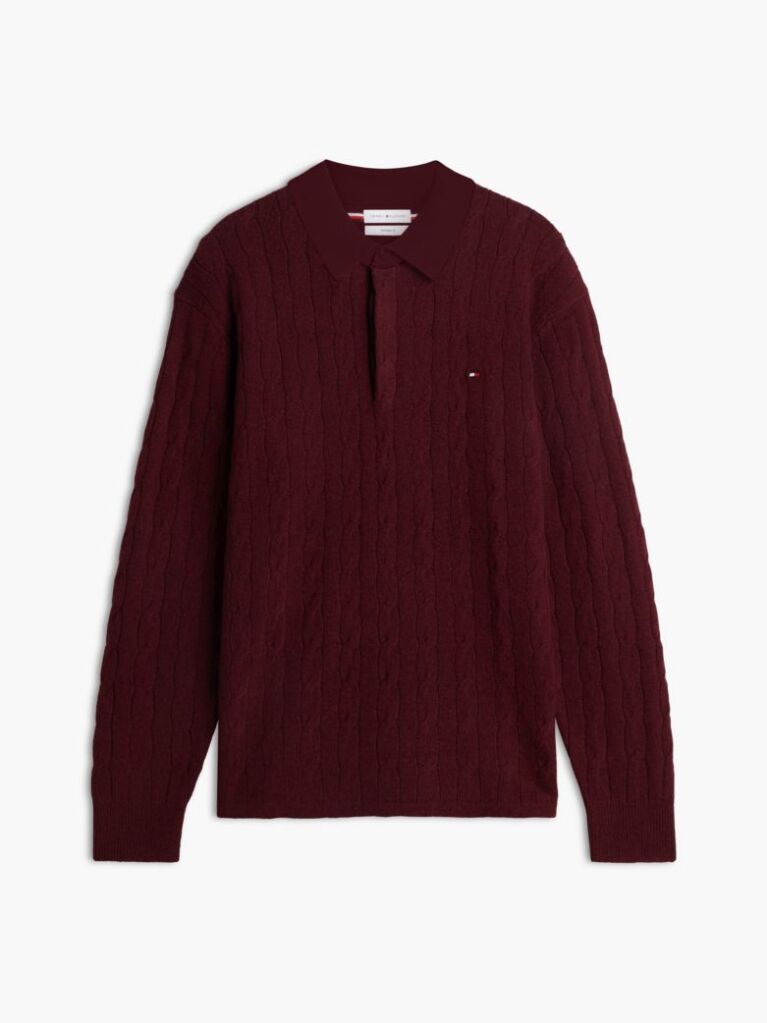 Red Pure Wool Cable Knit Rugby Jumper  Men