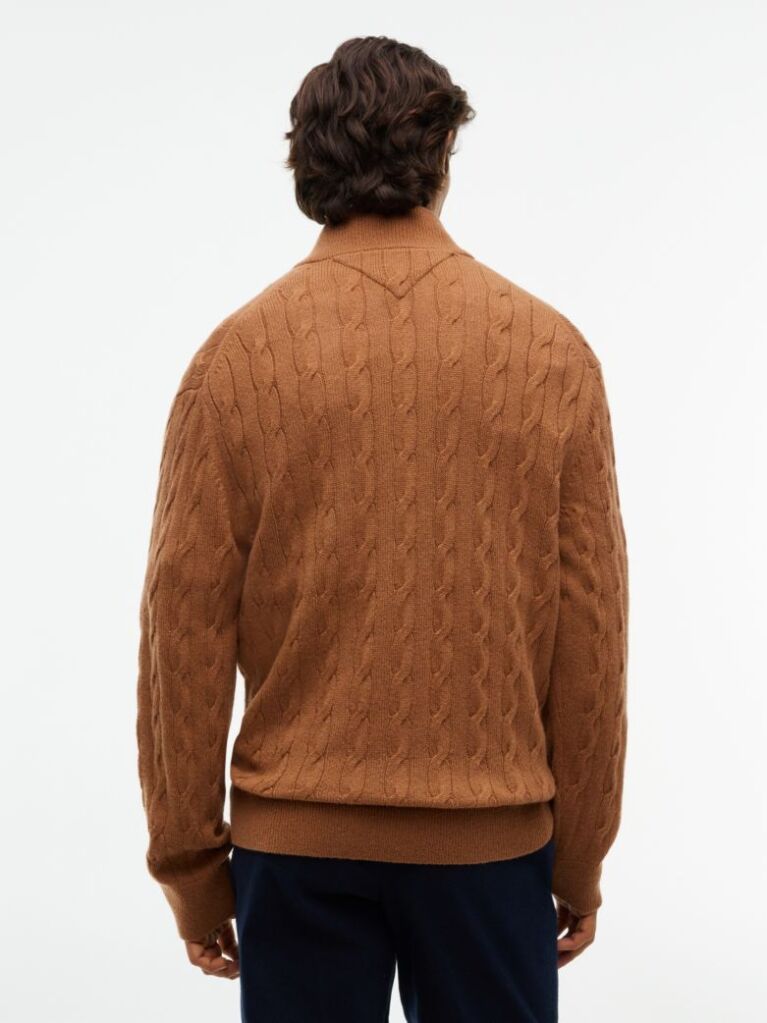 Brown Lambswool Zip-Thru Cable Knit Jumper  Men