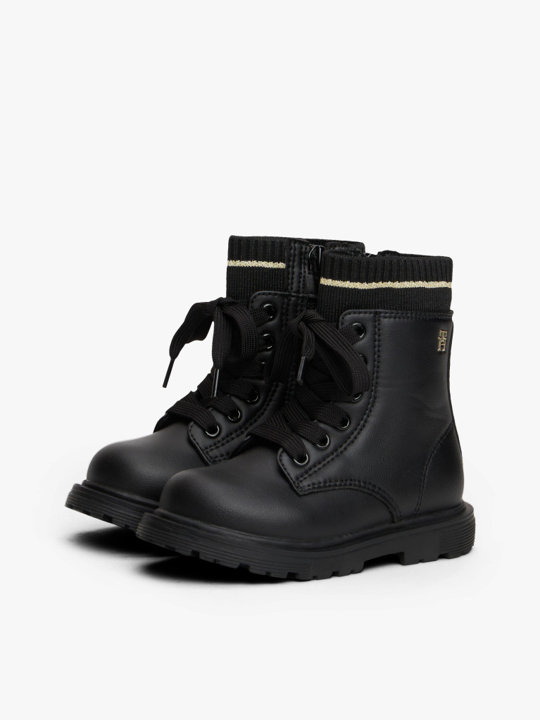 Black Knit Cuff Cleat Ankle Boots  Girls