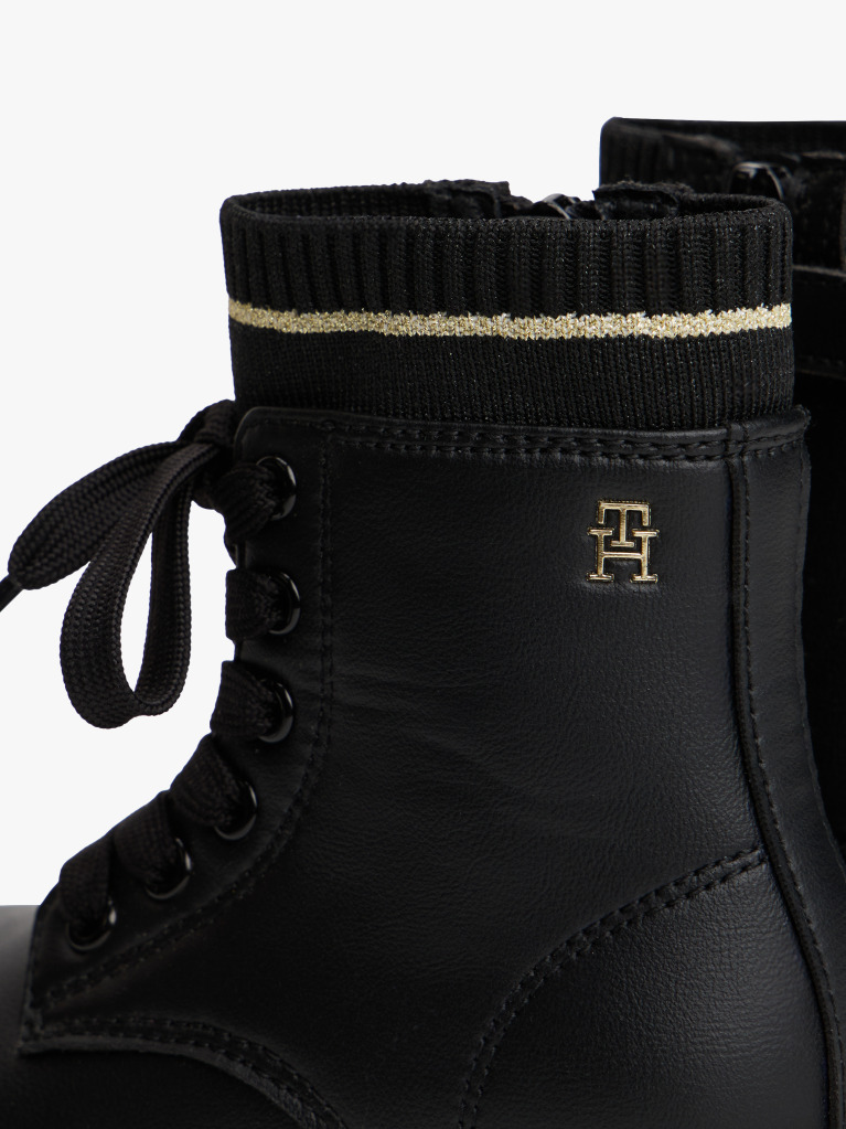 Black Knit Cuff Cleat Ankle Boots  Girls