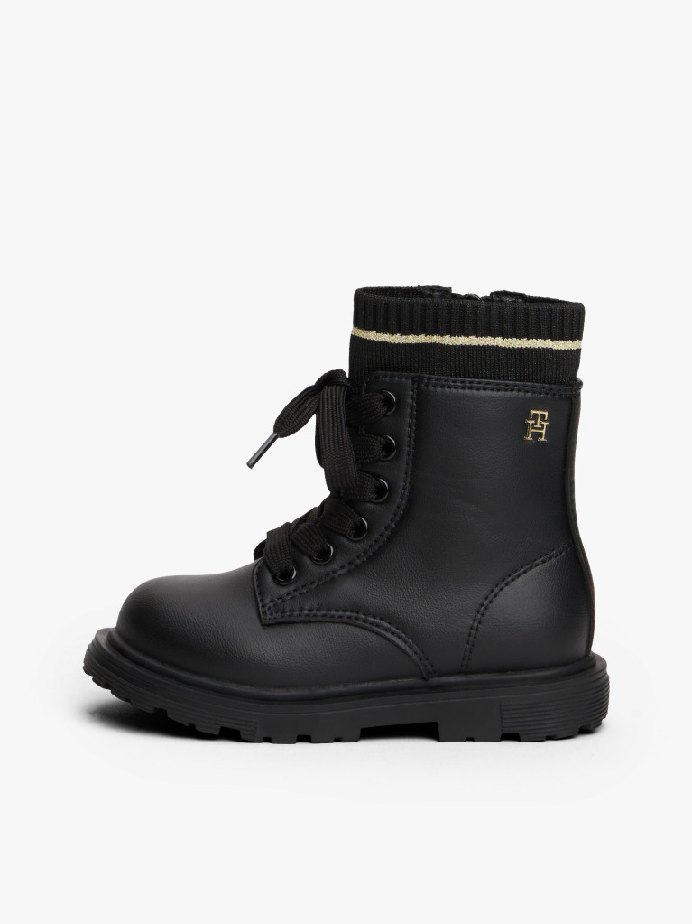 Black Knit Cuff Cleat Ankle Boots  Girls