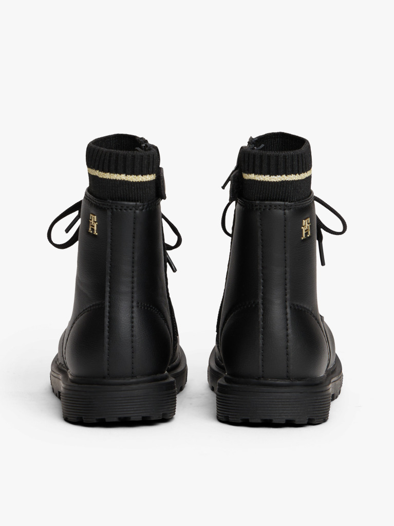 Black Knit Cuff Cleat Ankle Boots  Girls