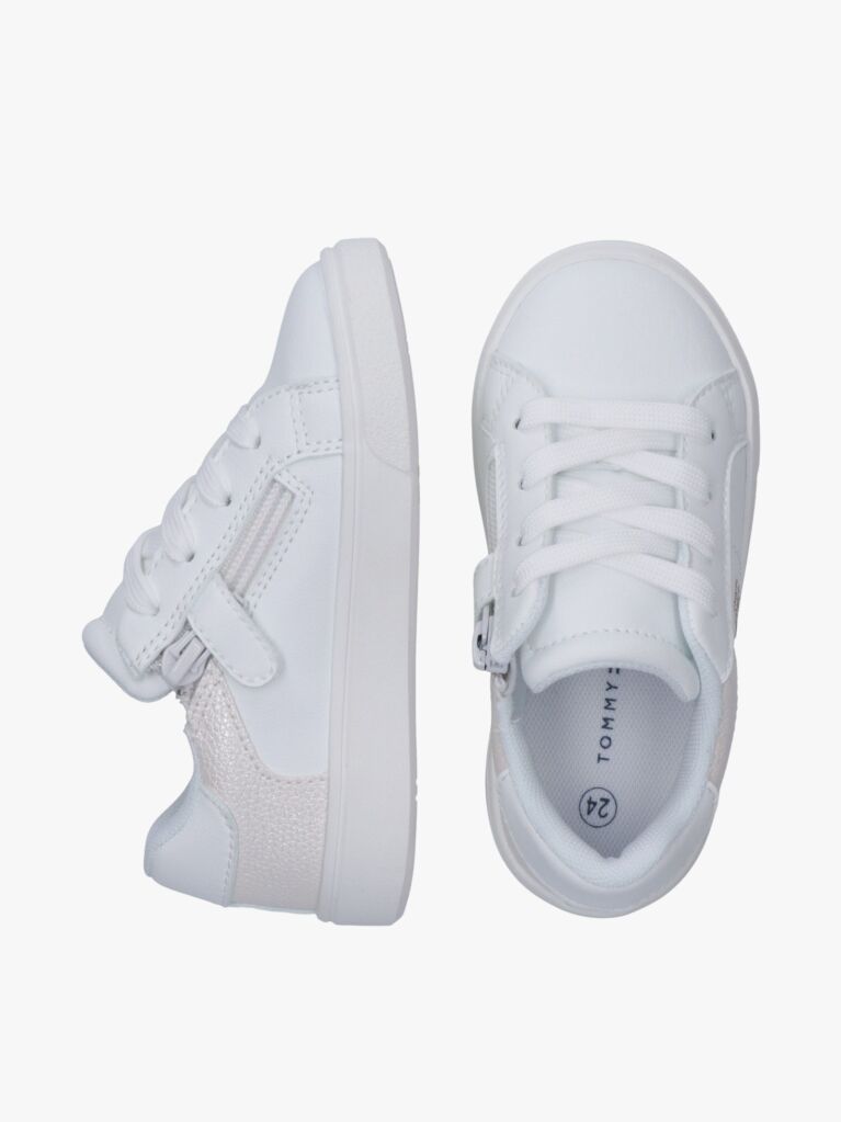 White Shimmering Lace Up Low Cut Sneakers  Girls