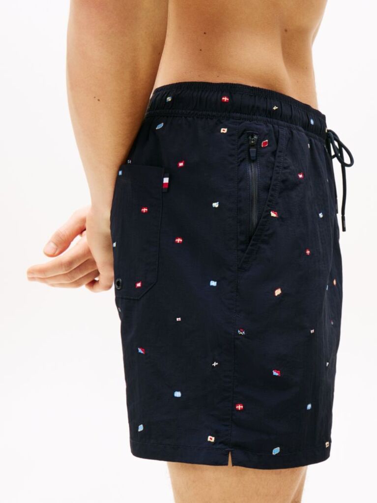 Blue Embroidery Mid Length Swim Trunks  Men