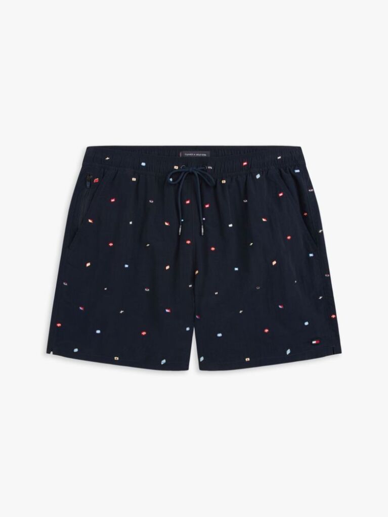 Blue Embroidery Mid Length Swim Trunks  Men