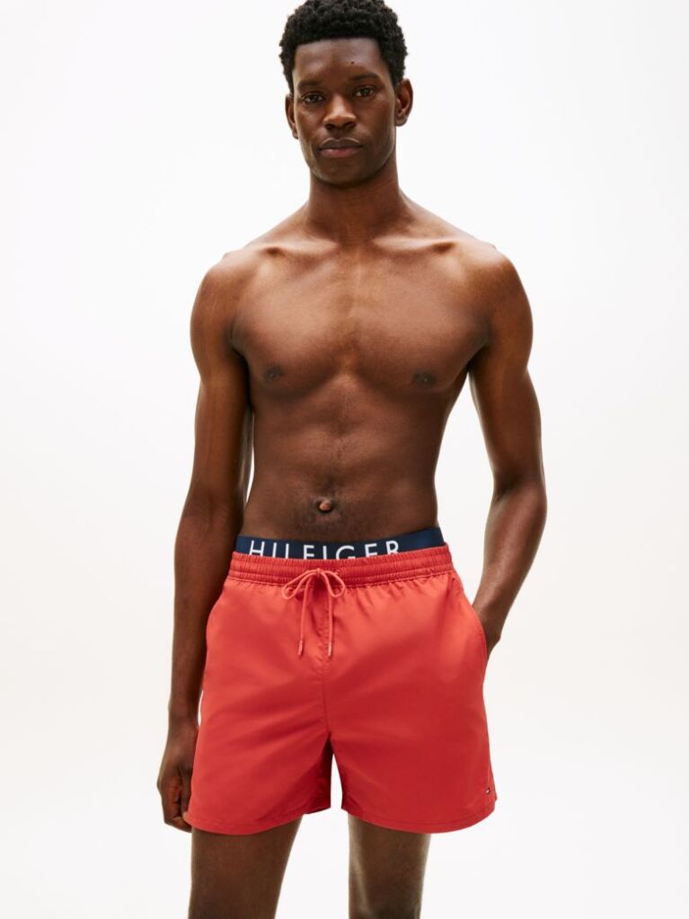 Red Double Waistband Mid Length Swim Shorts  Men