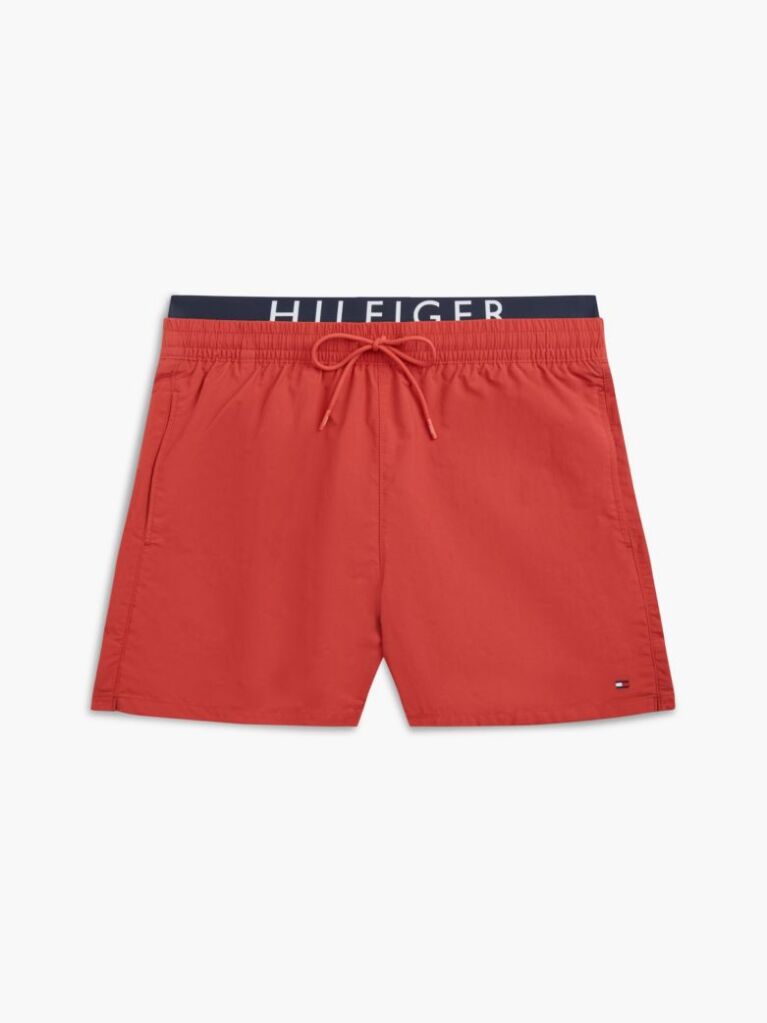 Red Double Waistband Mid Length Swim Shorts  Men