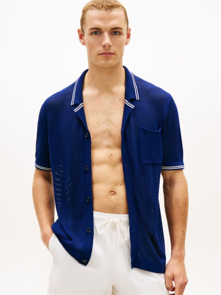 Blue Open Knit Short Sleeve Lounge Shirt  Men