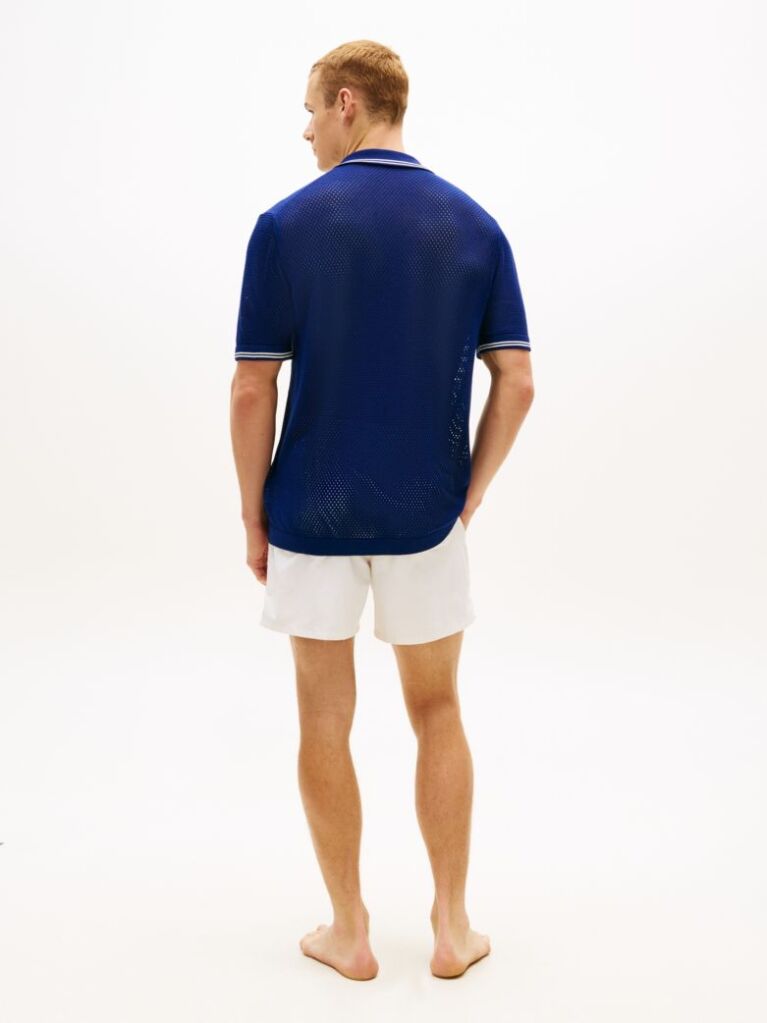 Blue Open Knit Short Sleeve Lounge Shirt  Men
