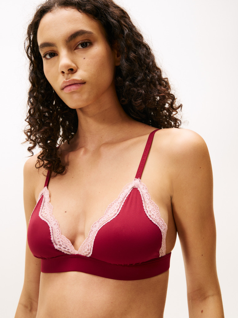 Red Microfibre Lace Trim Triangle Bralette  Women