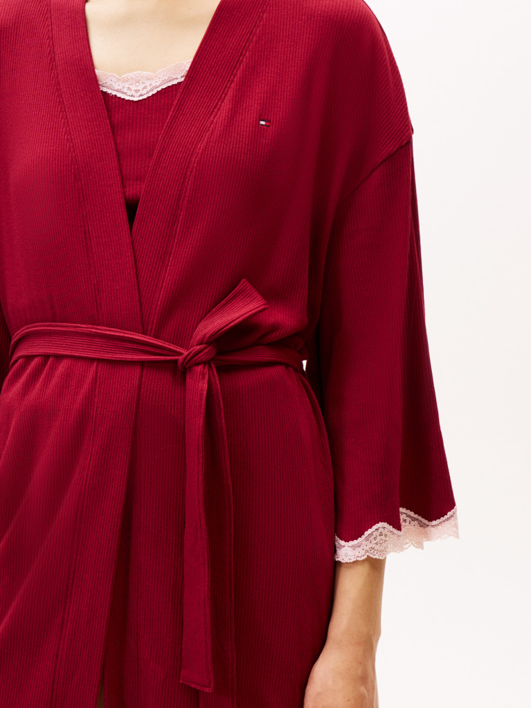 Red Essential Ribbed Lace Trim Robe  Women