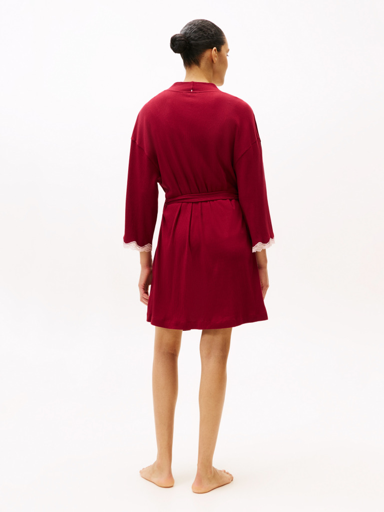 Red Essential Ribbed Lace Trim Robe  Women