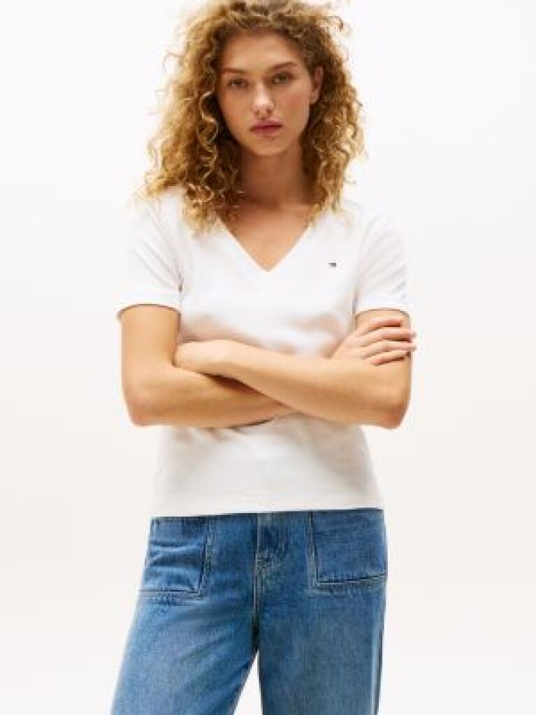 Beige V-Neck Slim Fit T-Shirt  Women