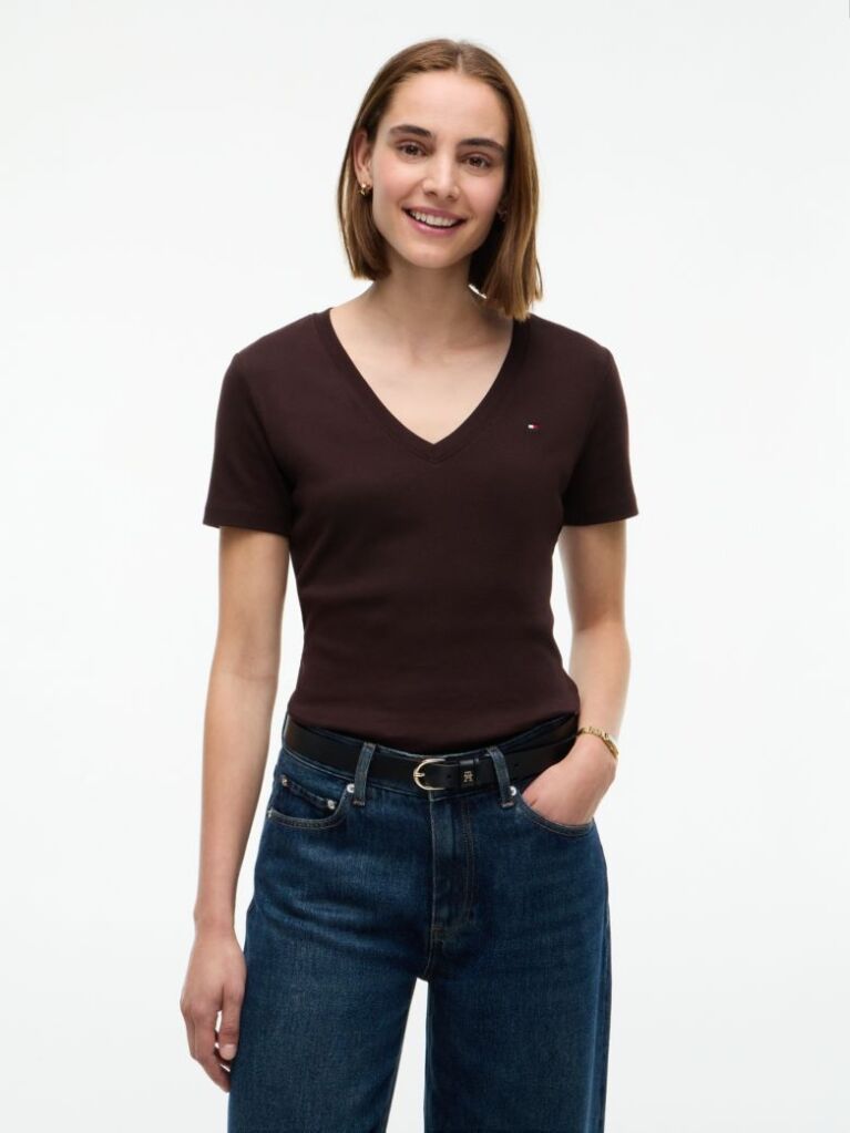 Καφέ T-Shirt Με Λαιμόκοψη V Και Slim Γραμμή  Γυναίκες