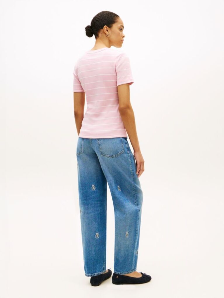 Multi Flag Embroidery Ribbed Slim T-Shirt  Women