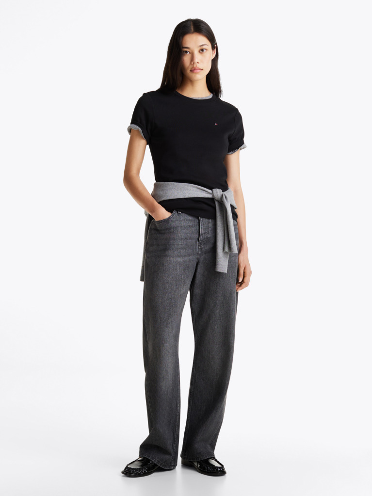 Black Flag Embroidery Ribbed Slim T-Shirt  Women