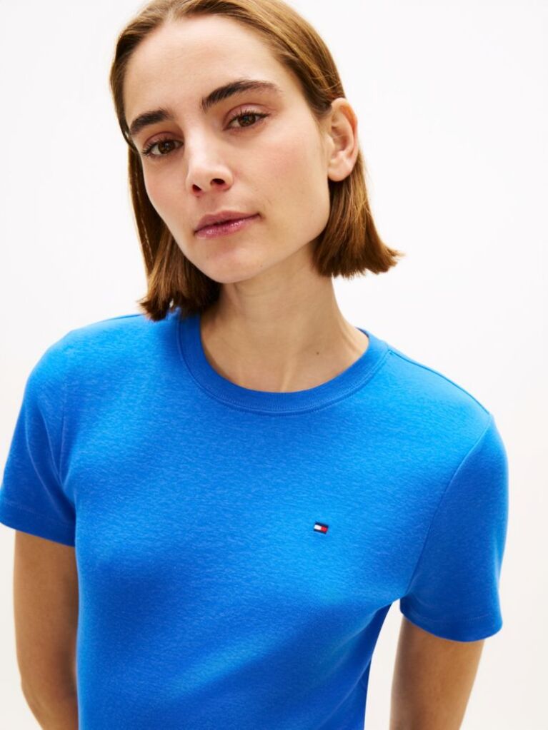 Blue Flag Embroidery Ribbed Slim T-Shirt  Women