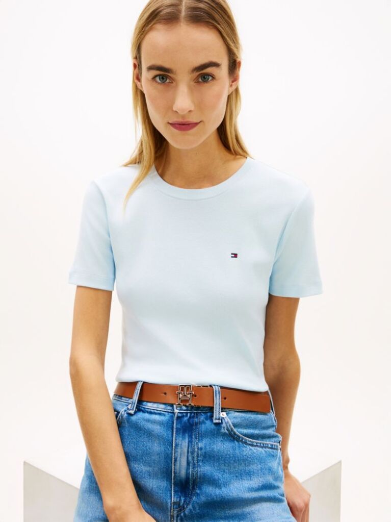 Blue Flag Embroidery Ribbed Slim T-Shirt  Women