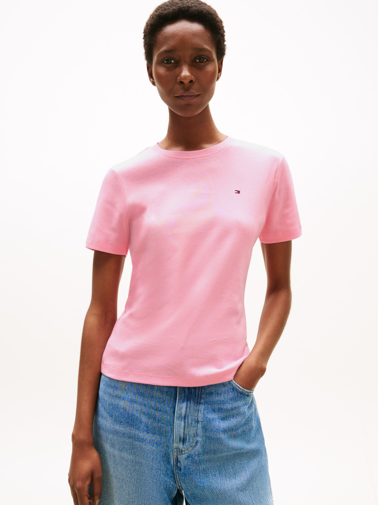 Pink Flag Embroidery Ribbed Slim T-Shirt  Women