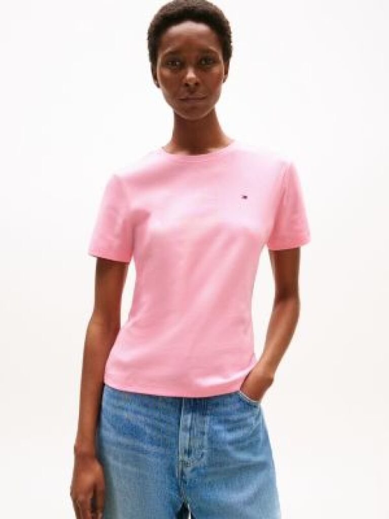 Pink Flag Embroidery Ribbed Slim T-Shirt  Women