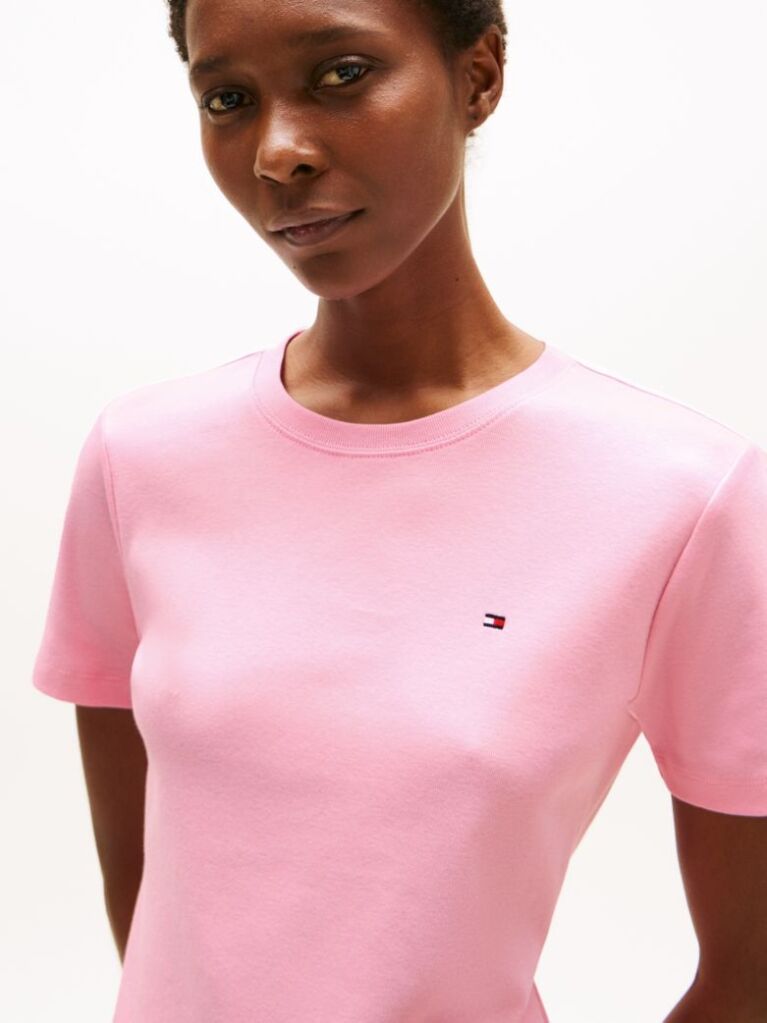 Pink Flag Embroidery Ribbed Slim T-Shirt  Women