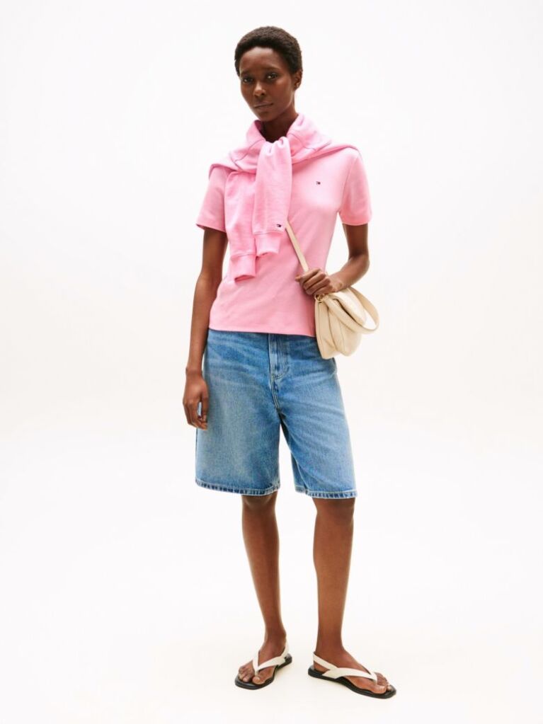 Pink Flag Embroidery Ribbed Slim T-Shirt  Women
