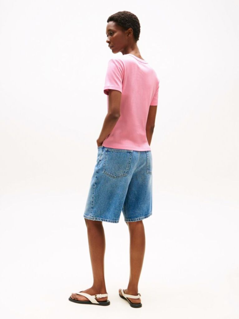 Pink Flag Embroidery Ribbed Slim T-Shirt  Women