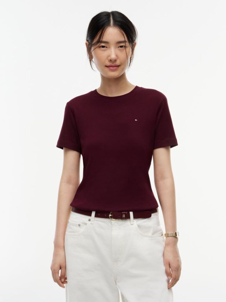 Red Flag Embroidery Ribbed Slim T-Shirt  Women
