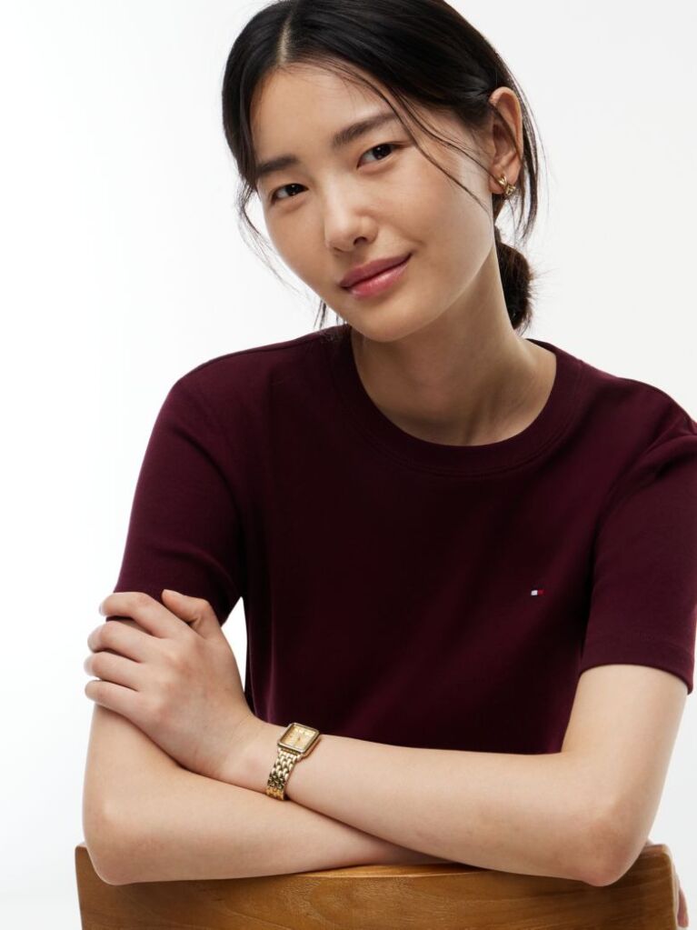 Red Flag Embroidery Ribbed Slim T-Shirt  Women