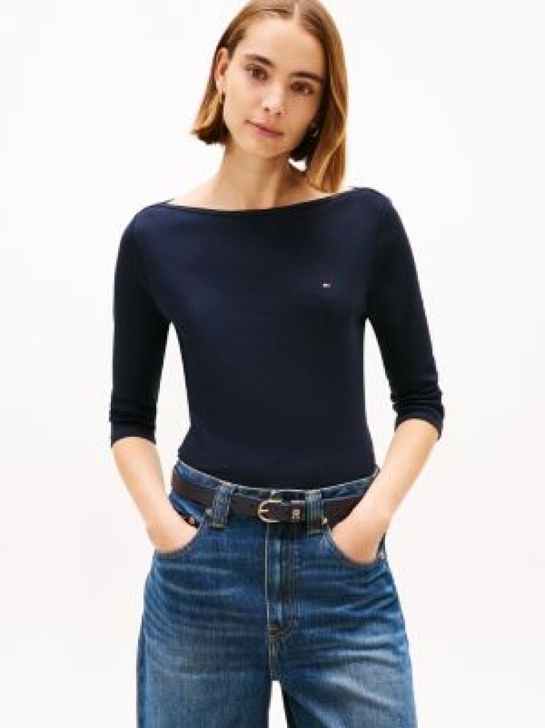 Μπλε T-Shirt Σε Slim Γραμμή Με Boat Λαιμόκοψη  Γυναίκες