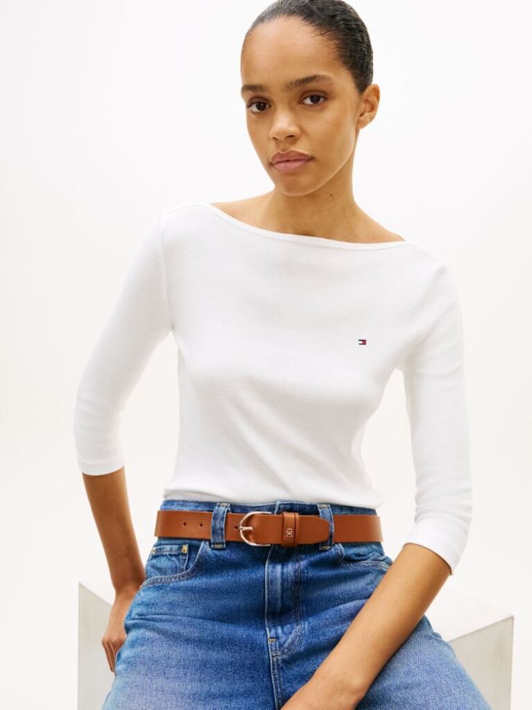 White Boat Neck Slim Fit T-Shirt  Women