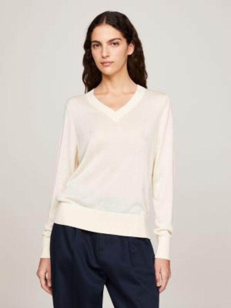 Beige TH Monogram Stamp V-Neck Jumper  Women