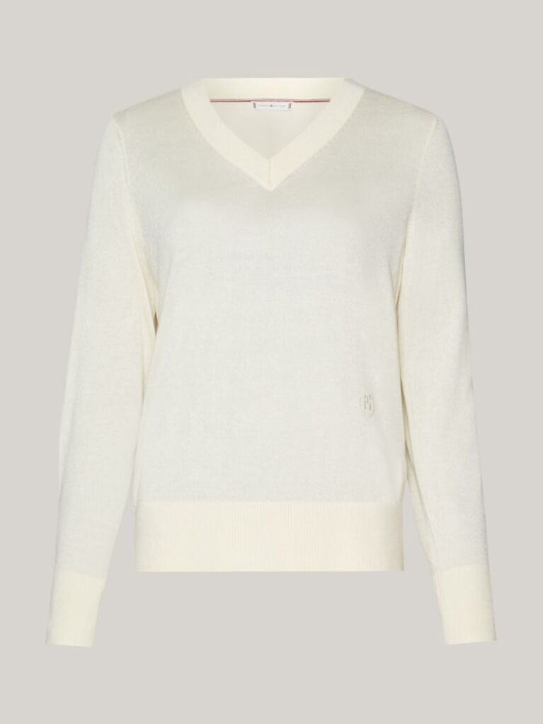 Beige TH Monogram Stamp V-Neck Jumper  Women