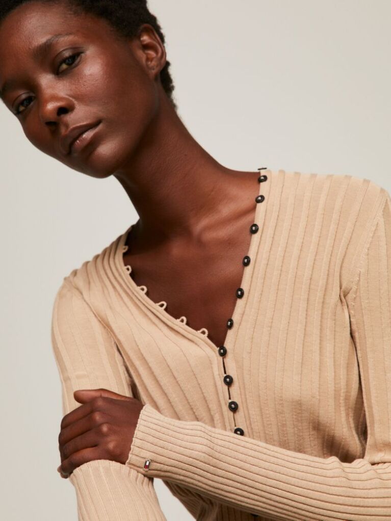 Beige Ribbed Button Down Slim Fit Cardigan  Women