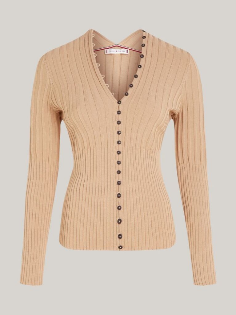 Beige Ribbed Button Down Slim Fit Cardigan  Women