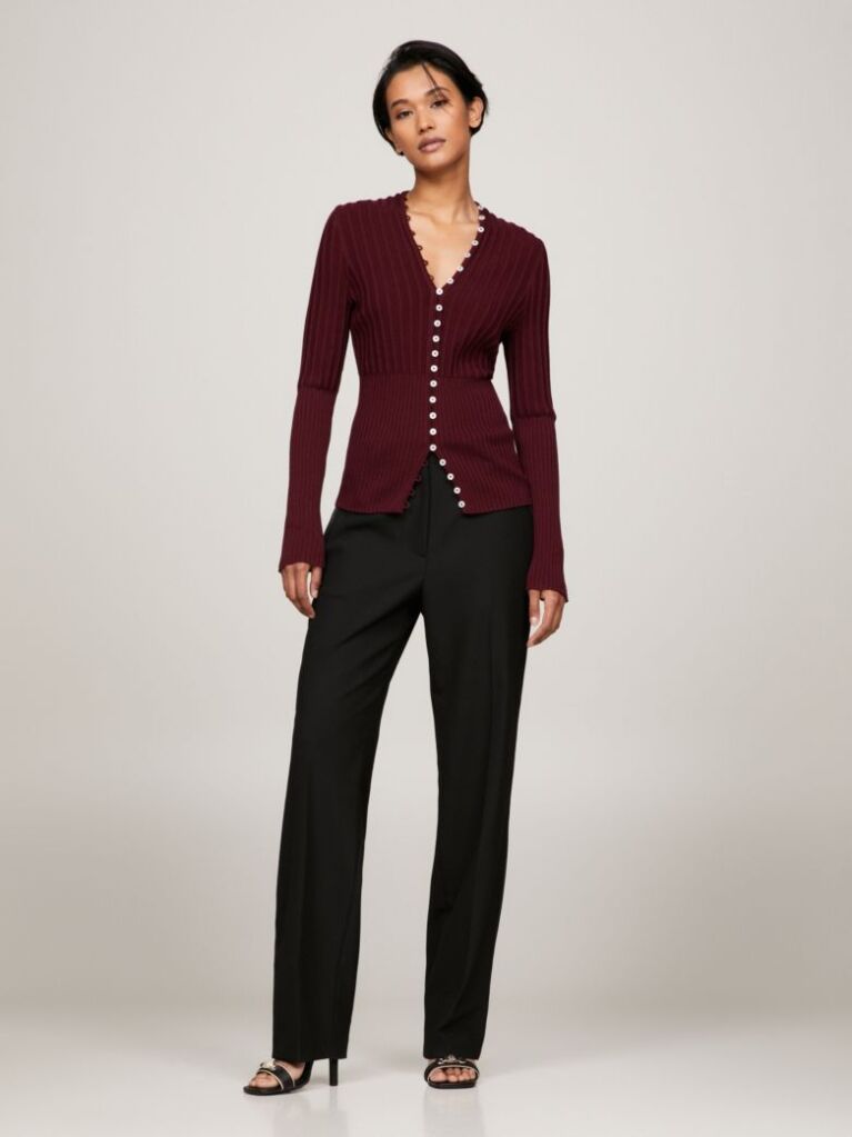 Red Ribbed Button Down Slim Fit Cardigan  Women