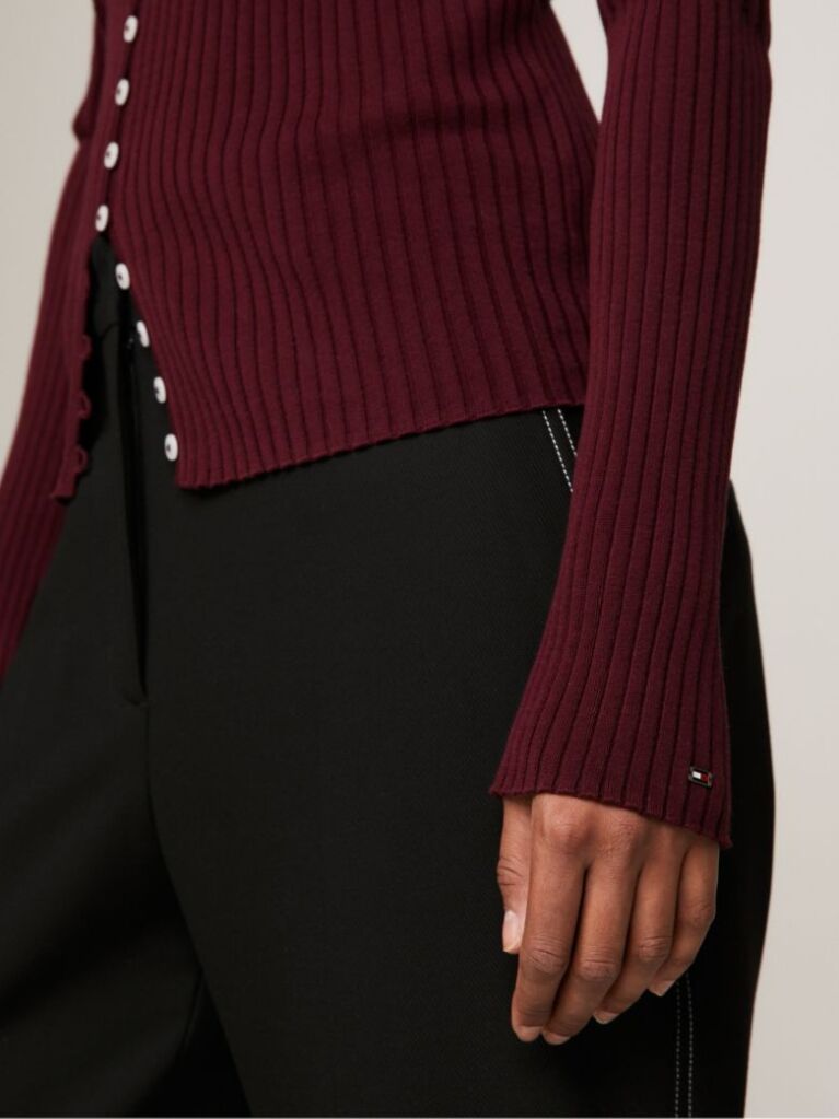 Red Ribbed Button Down Slim Fit Cardigan  Women