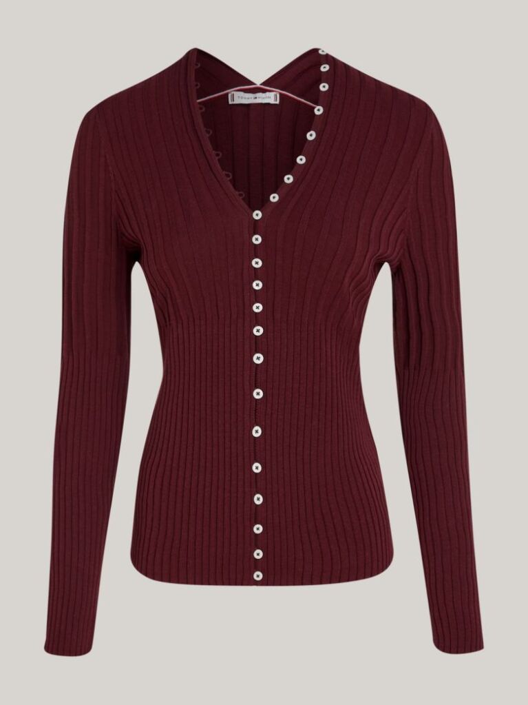 Red Ribbed Button Down Slim Fit Cardigan  Women