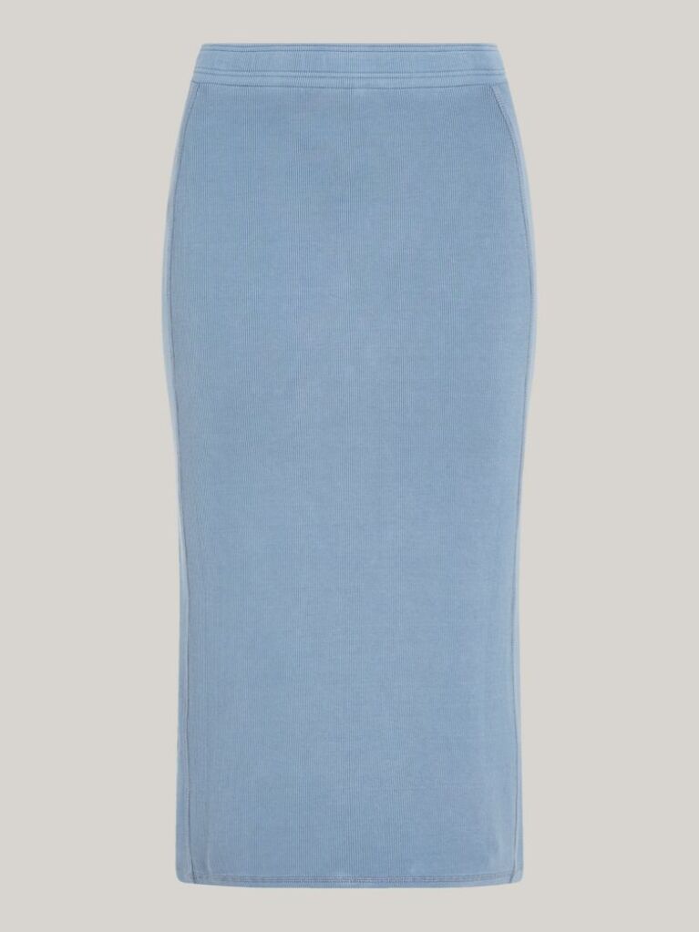 Blue Garment Dyed Ribbed Midi Pencil Skirt  Women