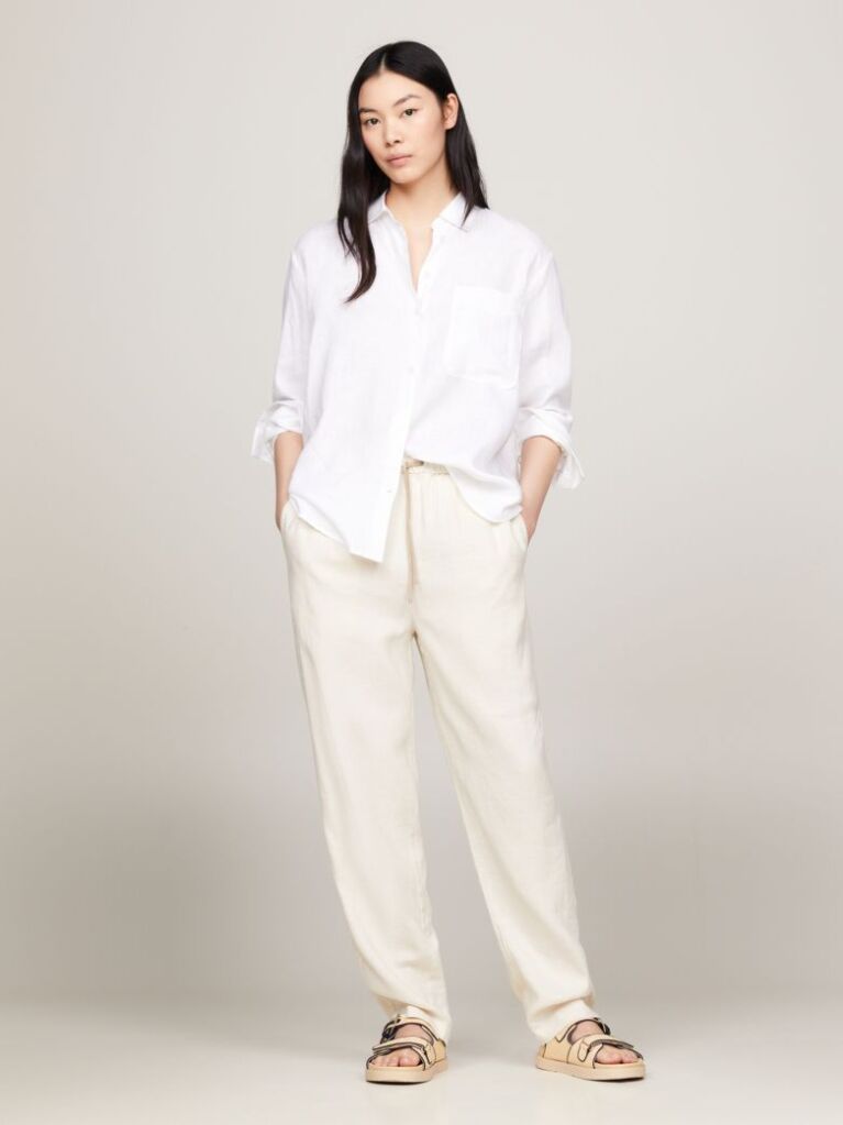 White Linen Patch Pocket Relaxed Fit Shirt  Women
