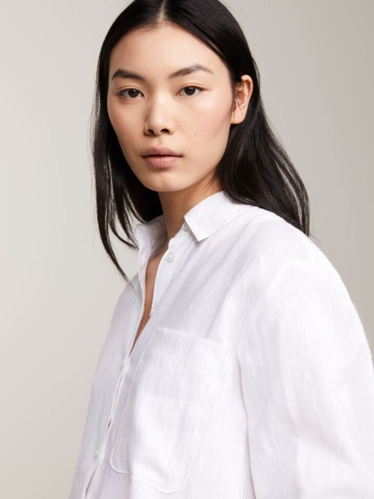 White Linen Patch Pocket Relaxed Fit Shirt  Women