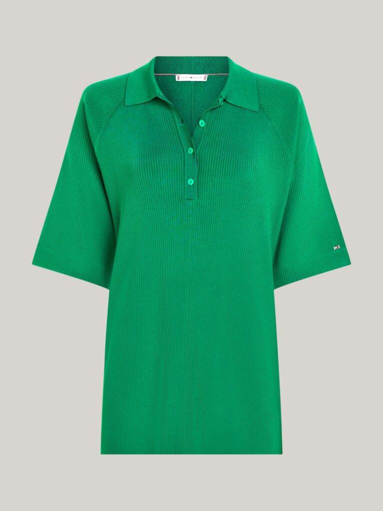Πράσινο Ριμπ Oversized Πουλόβερ Με Πόλο Γιακά  Γυναίκες